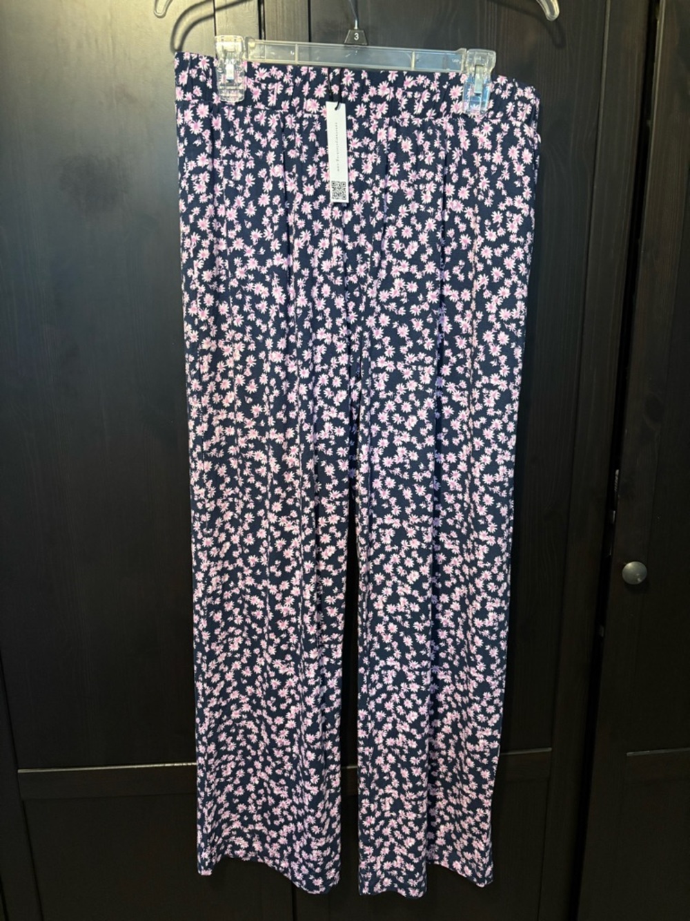 Navy Wide-Leg Lounge Pants with Pink Floral Print